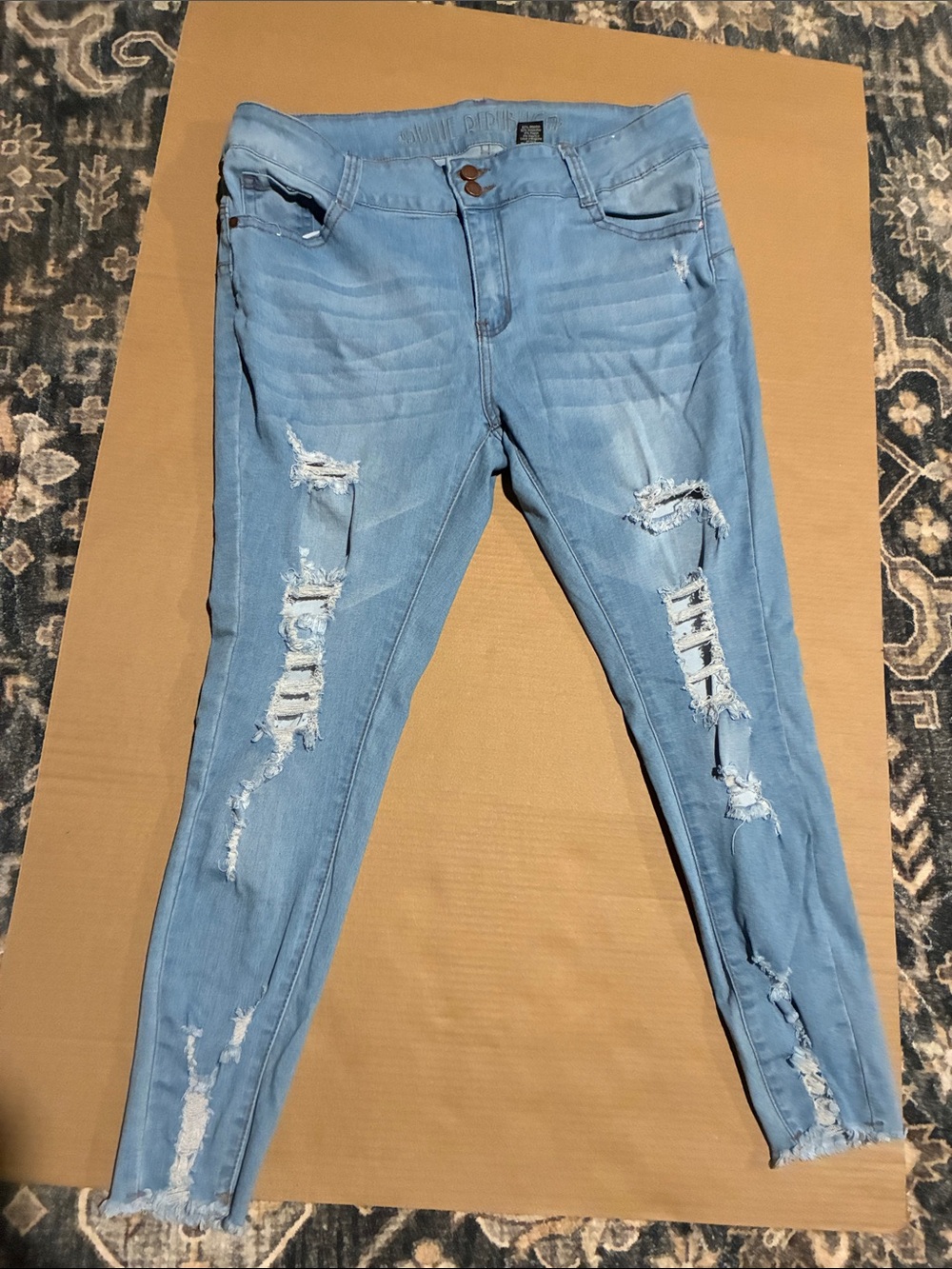Women's Light Blue Ripped Skinny Jeans - Stretch Mid-Rise